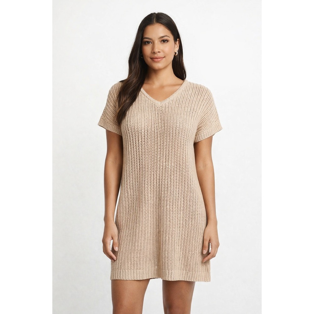Tahari Sweater Tunic Womens Small Beige Open Knit V Neck Short Sleeve
